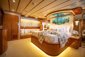 The full-beam owner's suite is midships on the lower deck