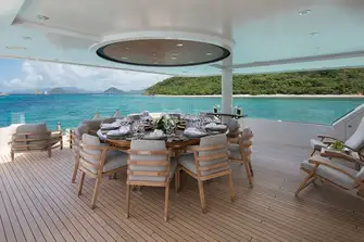 The bridge deck aft has open air dining and a lounge area with infinity views through glass guardrails