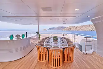 Dining and a fully equipped bar under the spacious sun deck's hardtop, seating forward, sun lounge and sunpads aft
