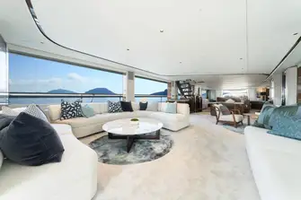 The open-plan interior on the main deck runs almost the full length of the yacht