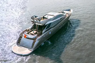 The 33m Sunseeker Predator 108 RUI HUA 2 cruising on the Hangpu River, Shanghai