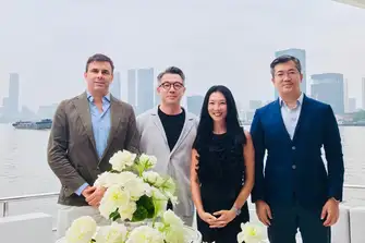 (L-R) The team from Burgess in Asia on board RUI HUA 2: Mark Woodmansey, Head of Brokerage, Asia; Leo Yang, Chief Representative, Mainland China, Hwee Tiah, Head of Charter and Business Development; Jiyu Xie, Fleet Manager, Asia
